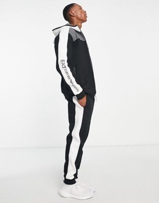 Armani EA7 colour block hooded tracksuit in black/ white/ grey