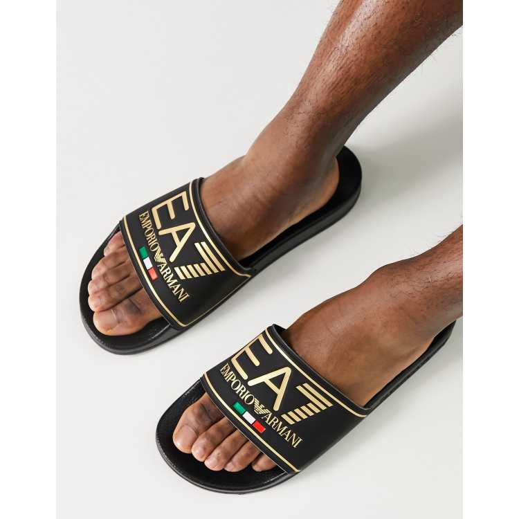 Black and gold online armani sliders