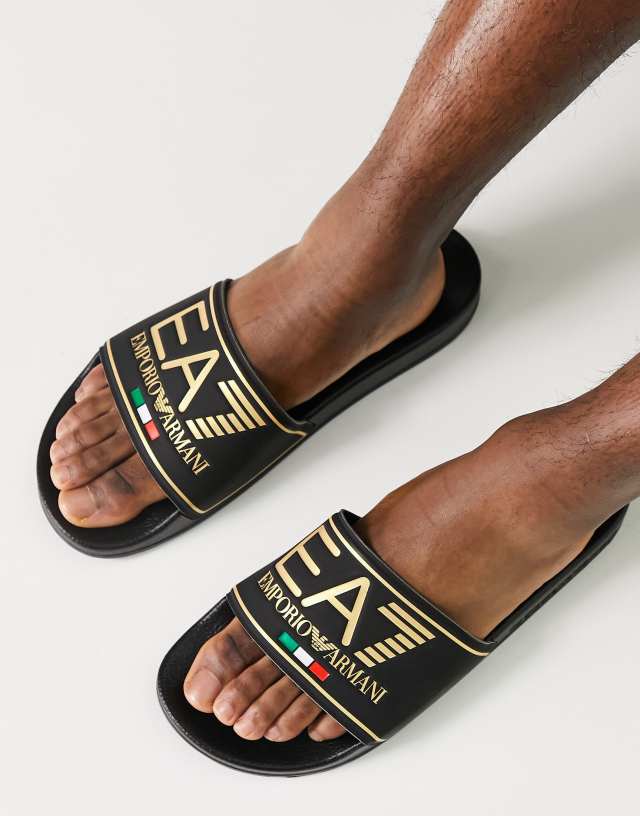 Armani EA7 contrast gold logo slides in black