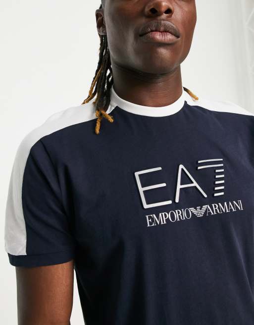 Armani EA7 contrast shoulder logo T shirt in navy