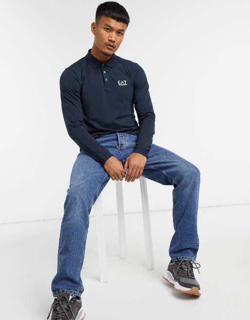 Armani EA7 Core ID logo long sleeve polo shirt in navy ASOS