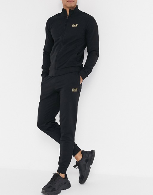 Armani EA7 Core ID small gold logo french terry tracksuit in black