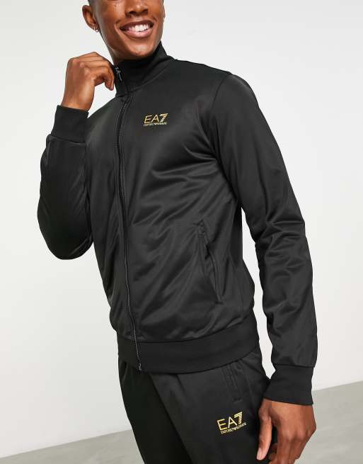 Armani EA7 Core ID tricot neck tracksuit in black with gold logo