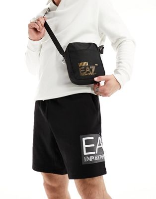 Armani EA7 core logo slim reporter bag in black/gold