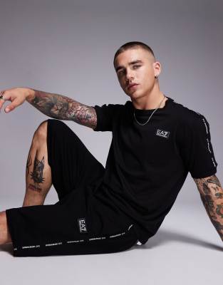 Armani EA7 cuffed sweatshirt fabric shorts with logo tape detail in black - part of a set