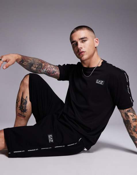 Armani EA7 cuffed sweatshirt fabric shorts with logo tape detail in black - part of a set - view 1