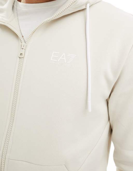 Armani EA7 front & back logo sweat full zip hoodie and jogger tracksuit in beige, 2 of 4