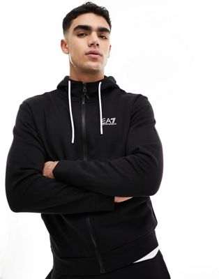 Armani EA7 front & back logo sweat full zip hoodie and jogger tracksuit in black - ASOS Price Checker