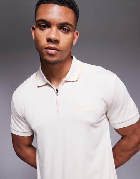 Armani EA7 gold label half zip logo polo in ecru