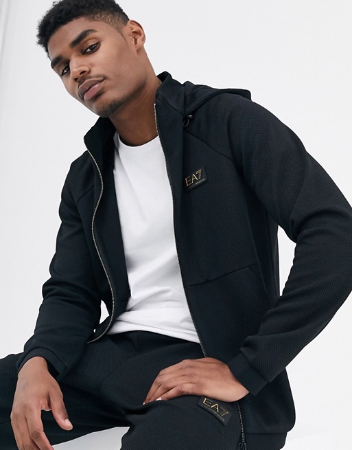 Armani EA7 Gold Label logo zip-thru pique hoodie in black