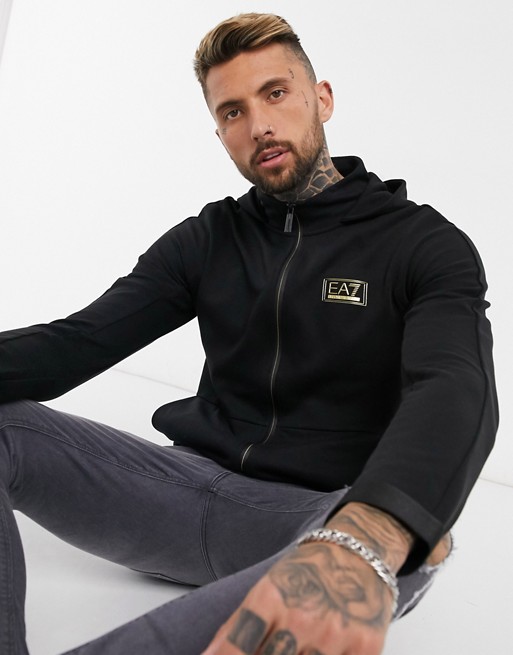 Armani EA7 Gold Label zip thru hoodie in black | ASOS
