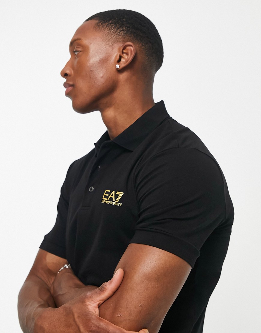 Armani EA7 gold logo polo shirt in black