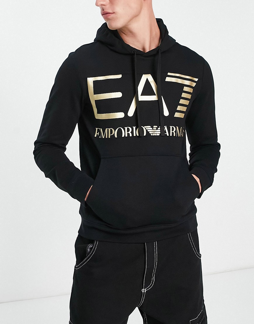 armani ea7 large logo hooded sweat with gold branding in black