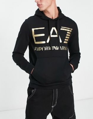 Armani EA7 large logo hooded sweat with gold branding in black