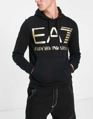 Armani EA7 large logo hooded sweat with gold branding in black