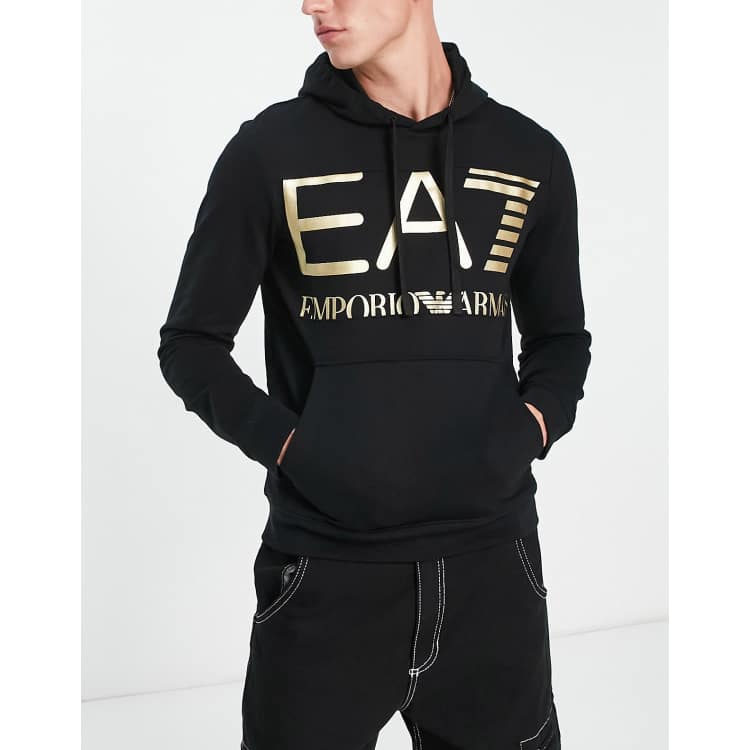 Armani EA7 large logo hoodie with gold branding in black | ASOS