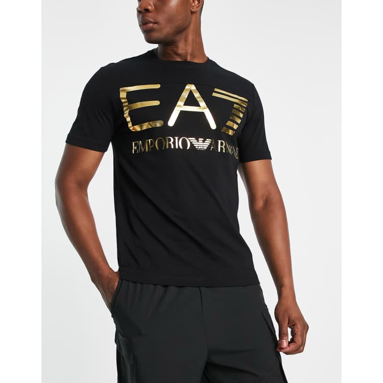 Armani EA7 large logo t shirt with gold branding in black