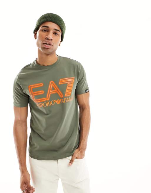 Armani EA7 large neon chest logo t shirt in khaki green ASOS