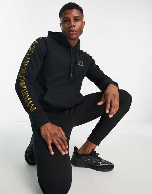 Armani EA7 large side gold logo hoodie in black