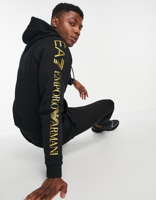 Armani EA7 large side gold logo hoodie in black | ASOS