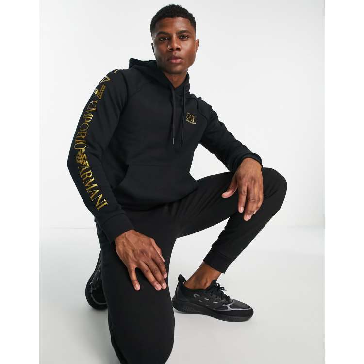 Armani EA7 large side gold logo hoodie in black ASOS