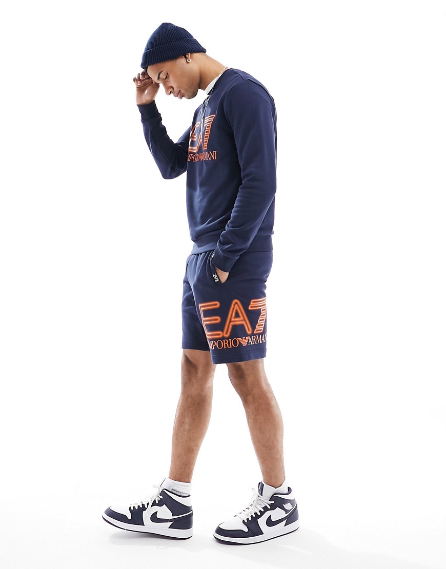 Armani EA7 large side neon logo sweat shorts in navy co-ord