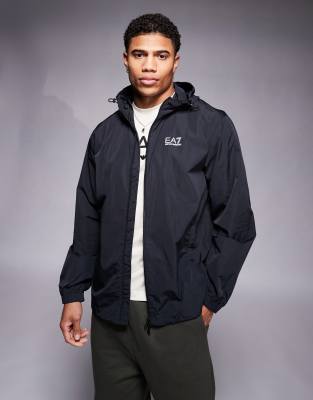 Armani EA7 light weight hooded logo jacket in black