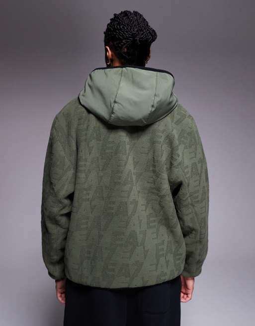 Armani EA7 logo embossed polar fleece with hood in green, 3 of 5