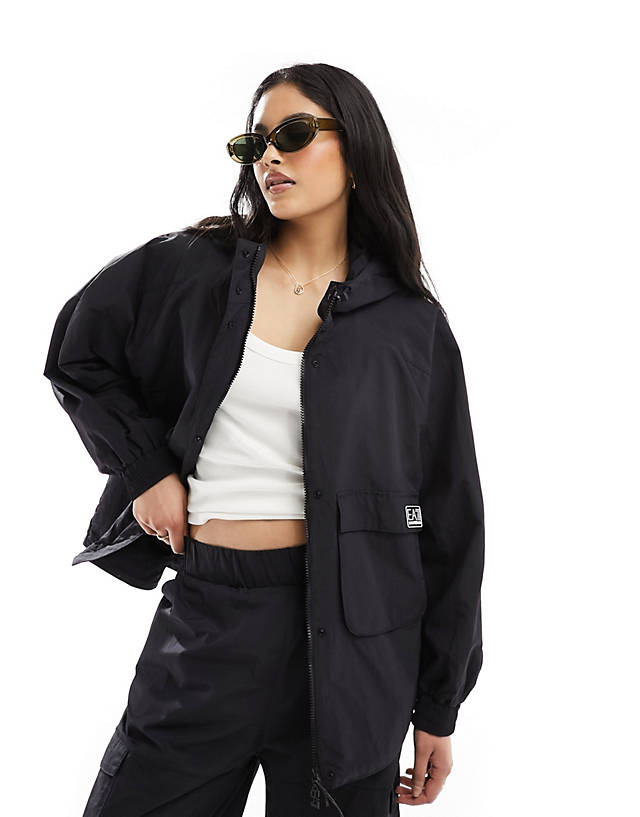 EA7 - armani  logo full zip hooded nylon windbreaker jacket in black co-ord