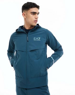 Armani EA7 logo hooded nylon windbreaker jacket in mid blue co-ord
