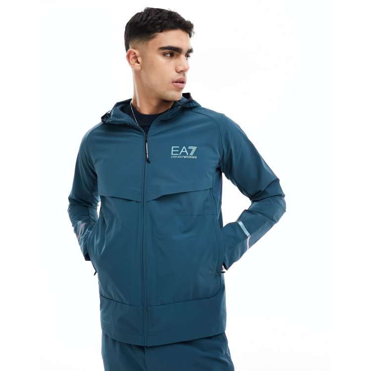 Armani EA7 logo hooded nylon windbreaker jacket in mid blue co ord ASOS