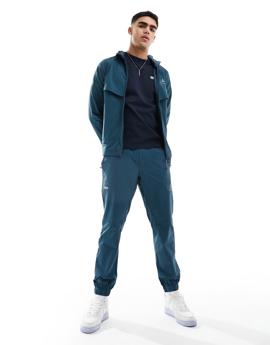Armani EA7 logo nylon cuffed joggers in mid blue co-ord