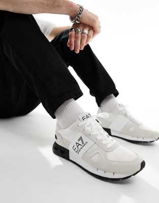 Armani EA7 logo suede mesh mix trainer in white/black