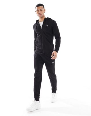 Armani EA7 logo sweat full zip hoodie and jogger tracksuit in black