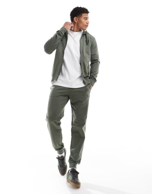 Armani EA7 logo sweat full zip hoodie and jogger tracksuit in khaki green