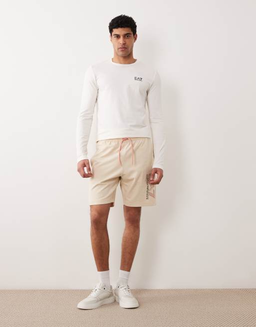 Armani EA7 logo trackie shorts in beige, 3 of 5