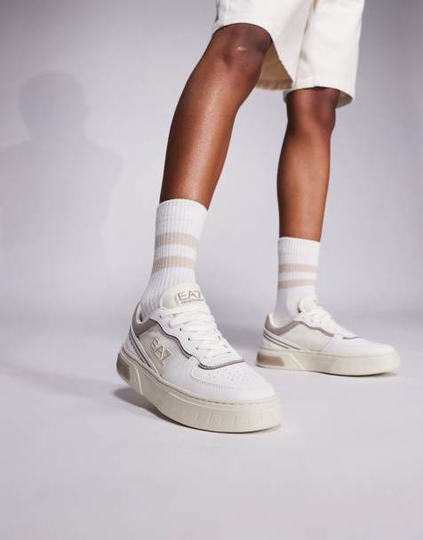 Armani EA7 logo trainers in white and beige - view 1