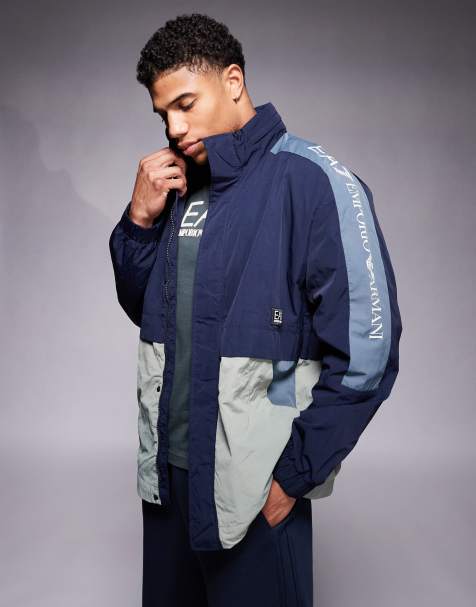 Armani EA7 panelled windbreaker jacket with logo tape detail in navy - view 1