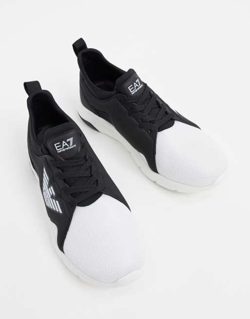 Ik wil niet Beschikbaar Kritisch Armani EA7 Racer eagle logo trainers in black and white | ASOS