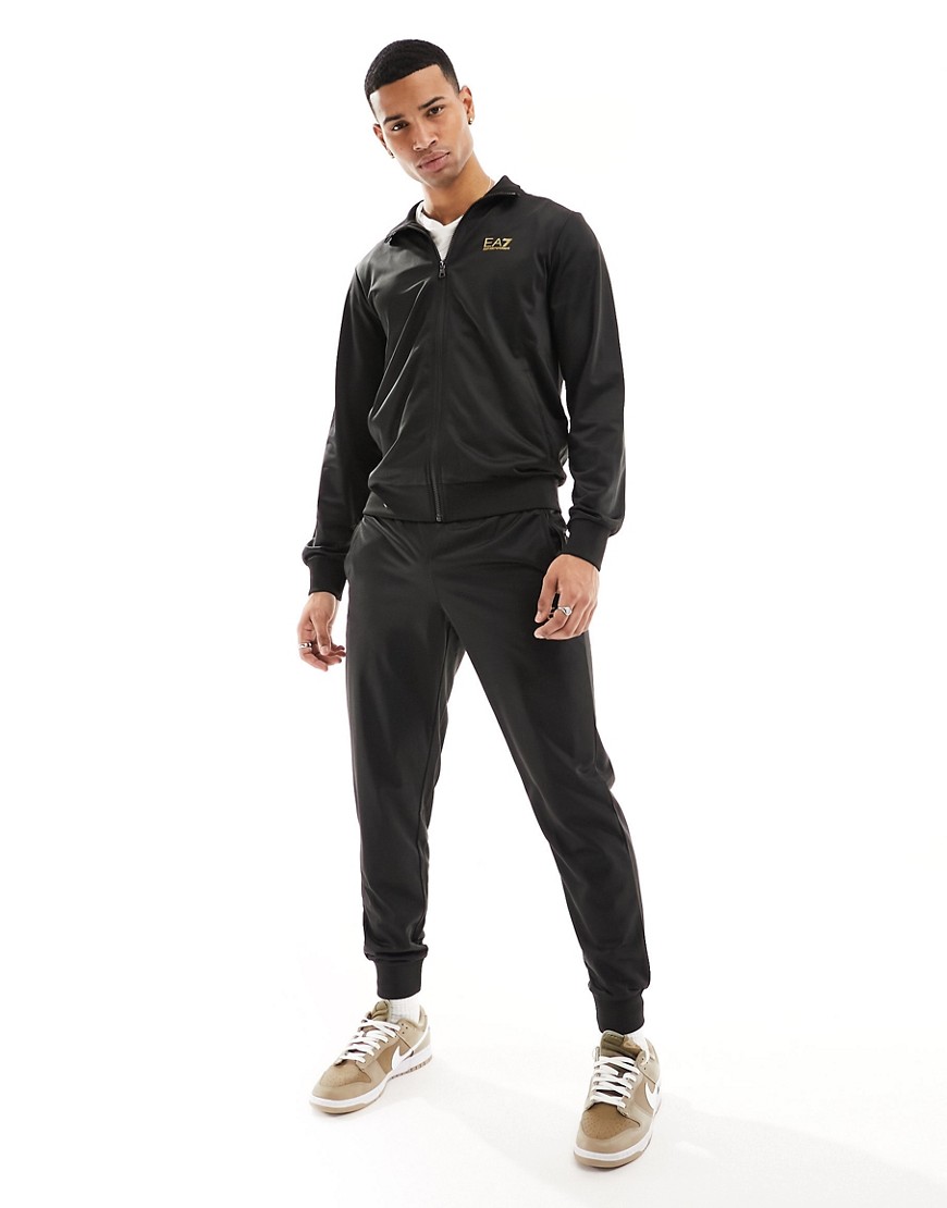 Armani EA7 small logo tricot full zip jacket and joggers tracksuit in black