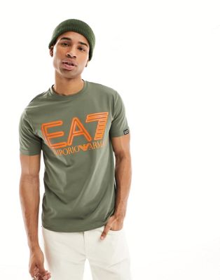 Armani EA7 large neon chest logo t-shirt in khaki green - ASOS Price Checker