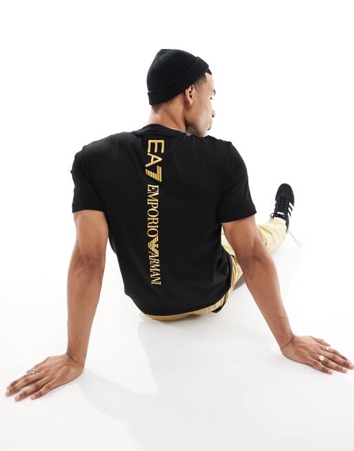 Armani - EA7 - T-shirt met klein goudkleurig logo en print op de rug in zwart