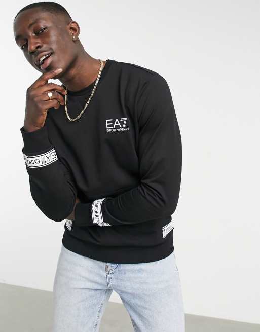 Armani EA7 tape french neck sweatshirt in black | ASOS