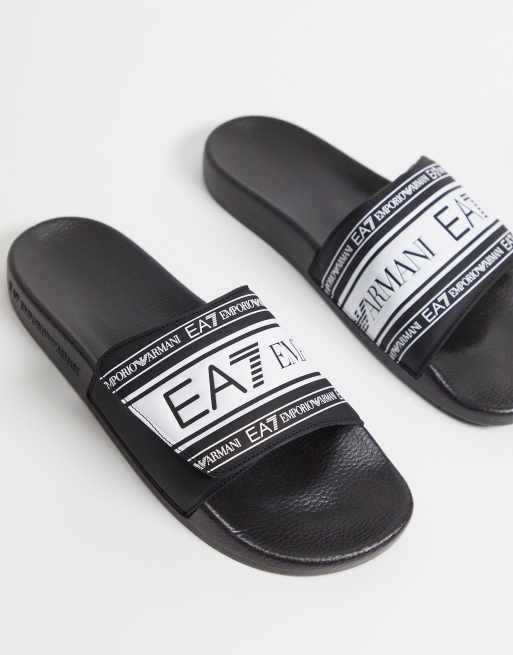 Armani EA7 taped logo sliders with velcro strap in black | ASOS