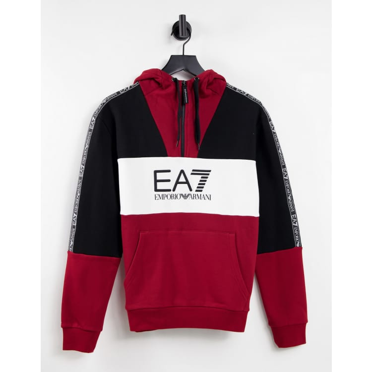 Armani EA7 Train Athletic color block large logo overhead fleece hoodie in black red