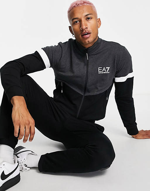  Armani EA7 Train Athletic colour block funnel neck french terry tracksuit in black 
