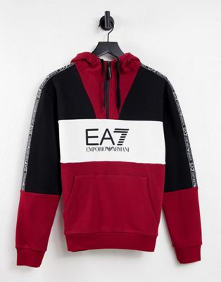 Armani EA7 Train Athletic colour block large logo overhead fleece hoodie in black/red