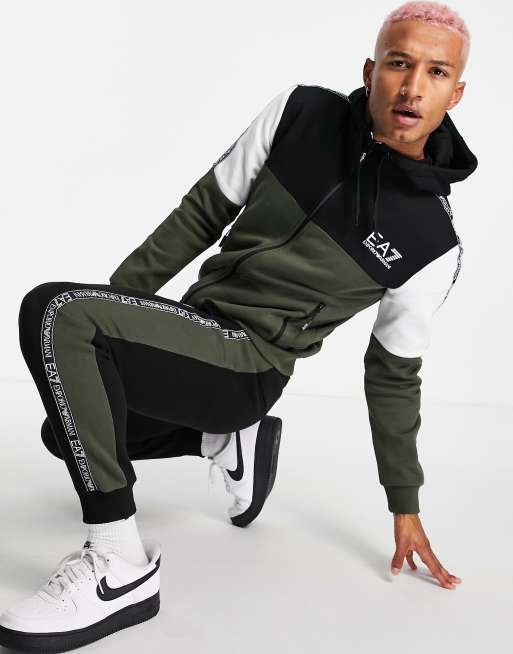 Armani - EA7 - Train Athletic - Fleece trainingspak met kleurvlakken, ritssluiting en capuchon in grijs