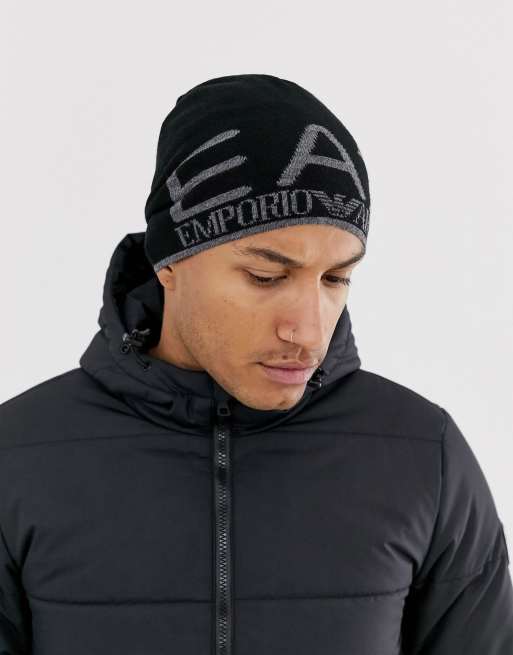 Armani EA7 Train Visibility logo beanie scarf set in black ASOS