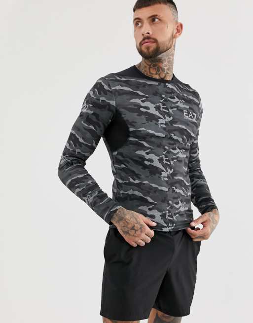 Armani EA7 Training Vigor long sleeve camo print thermal compression top in  grey | ASOS